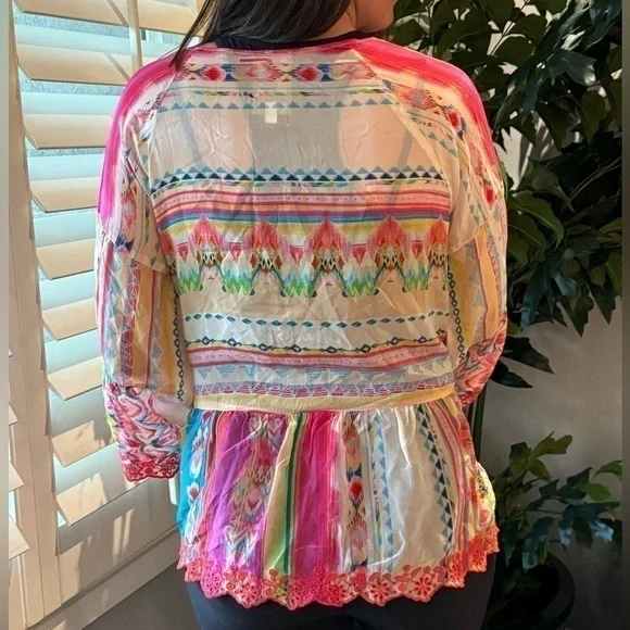 Johnny Was Porcelain Flare-Sleeve Ruffle Blouse NWT